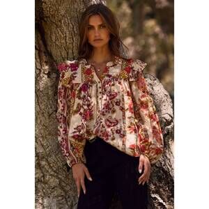 NEW ODDI floral printed peasant blouse in cream multi